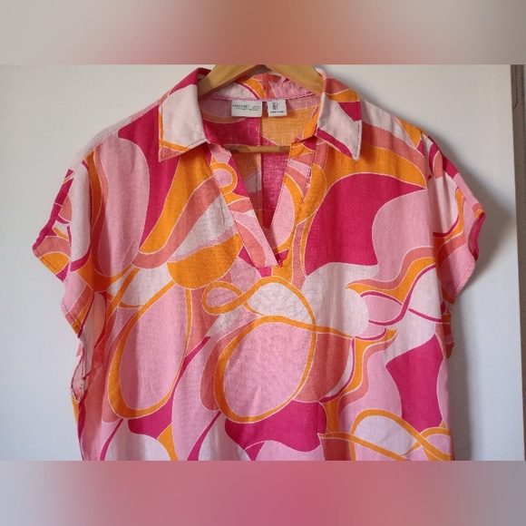 Rachel Zoe Pink and Orange Linen Blend Tropical Beach Cruise Maxi Dress Sz Large - Picture 6 of 12